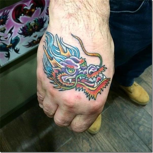 Colourful dragon tattoo on the arm