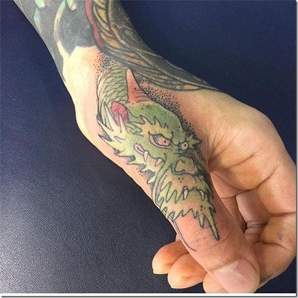 Colourful dragon tattoo on the arm