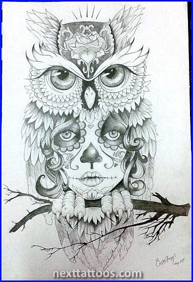 Owl With Mandala Background and a Unisex Crown Tattoo Sketch